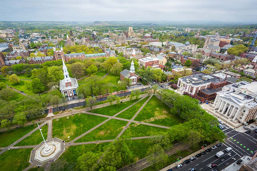 Contact - Aerial View of the New Haven Green and downtown, in New Haven, Connecticut
